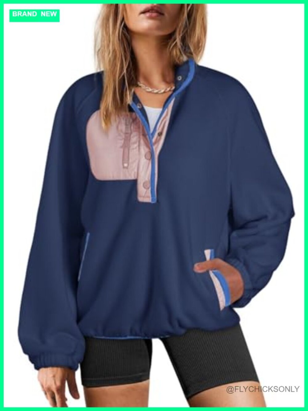 Oversized Fuzzy Fleece Sweatshirt Button V Neck Color Block Pullover